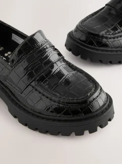Black Patent Crocodile Effect School Loafers