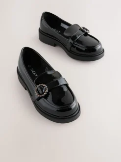 Black Patent Diamante Brooch School Loafers
