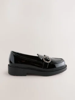 Black Patent Diamante Brooch School Loafers