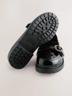 Black Patent Diamante Brooch School Loafers