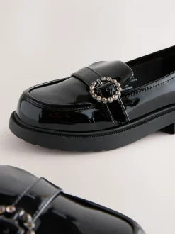 Black Patent Diamante Brooch School Loafers