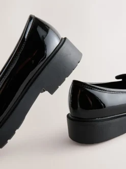 Black Patent Diamante Brooch School Loafers