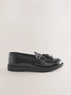 Black Patent Narrow Fit (E) Leather Tassel Loafer School Shoes