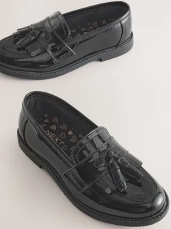 Black Patent Narrow Fit (E) Leather Tassel Loafer School Shoes