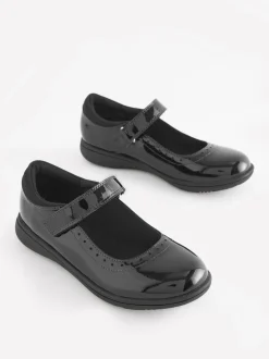 Black Patent Narrow Fit (E) School Leather Brogue Detail Mary Jane Shoes