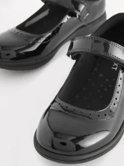 Black Patent Narrow Fit (E) School Leather Brogue Detail Mary Jane Shoes