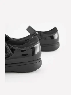 Black Patent Narrow Fit (E) School Leather Brogue Detail Mary Jane Shoes