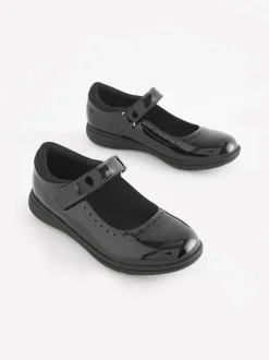 Black Patent Standard Fit (F) School Leather Brogue Detail Mary Jane Shoes
