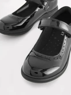 Black Patent Standard Fit (F) School Leather Brogue Detail Mary Jane Shoes