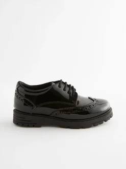 Black Patent Wide Fit (G) School Leather Chunky Lace-Up Brogues