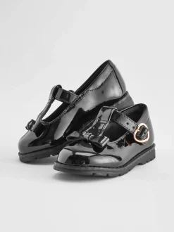 Black Patent Wide Fit (G) School Junior Bow T-Bar Shoes