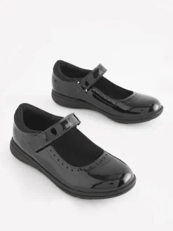 Black Patent Wide Fit (G) School Leather Brogue Detail Mary Jane Shoes