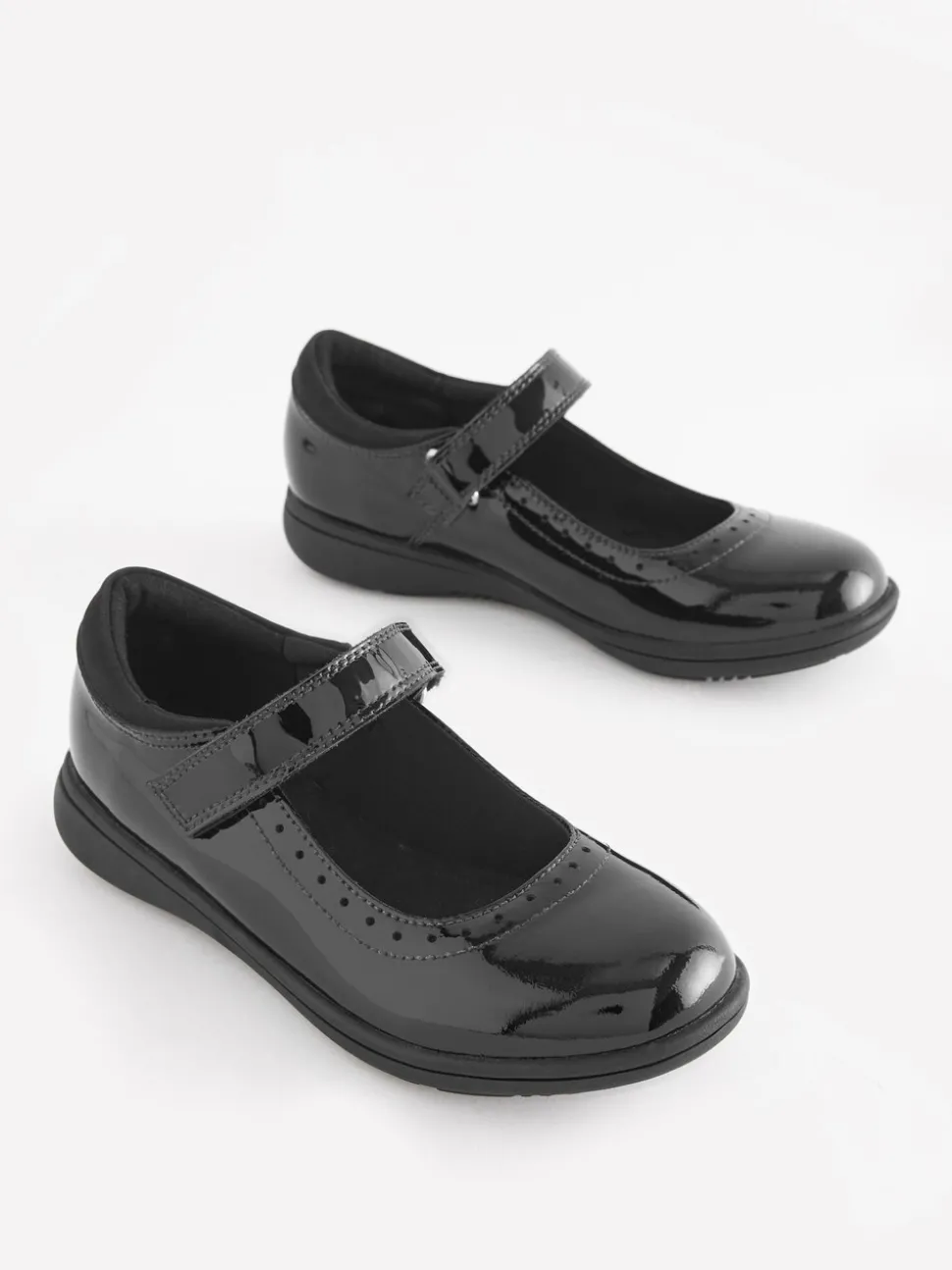 Black Patent Wide Fit (G) School Leather Brogue Detail Mary Jane Shoes