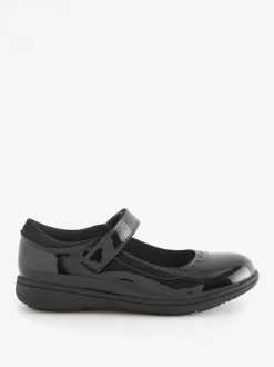 Black Patent Wide Fit (G) School Leather Brogue Detail Mary Jane Shoes