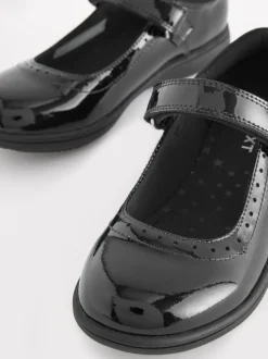 Black Patent Wide Fit (G) School Leather Brogue Detail Mary Jane Shoes