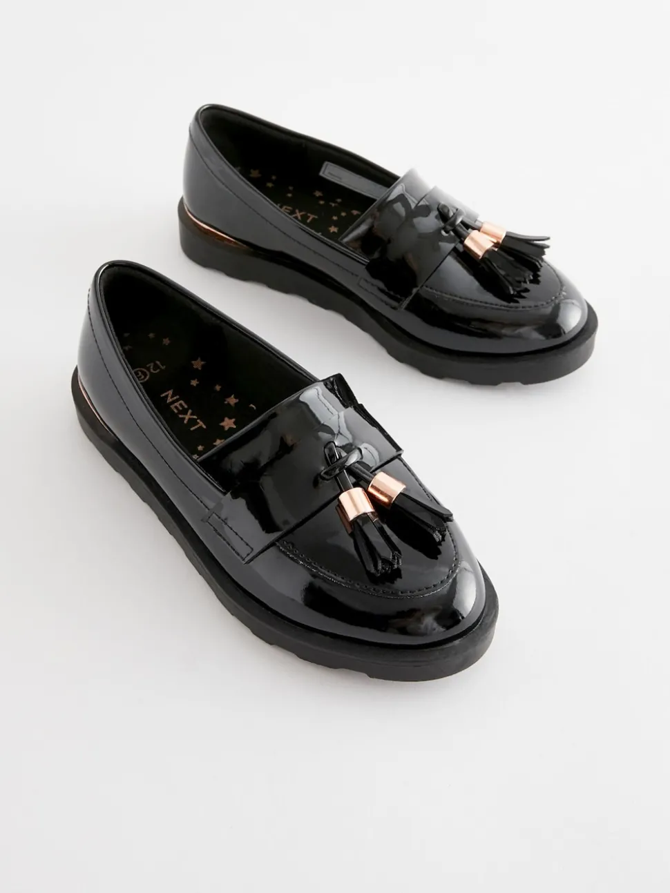 Black Rose Gold Standard Fit (F) School Tassel Loafers
