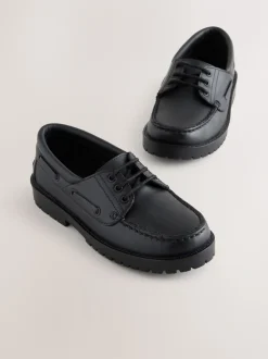 Black Slip-On Leather School Boat Shoes