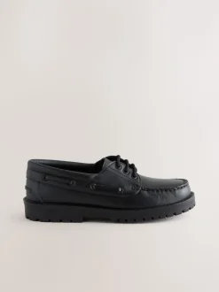 Black Slip-On Leather School Boat Shoes
