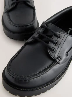 Black Slip-On Leather School Boat Shoes