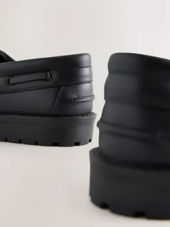 Black Slip-On Leather School Boat Shoes