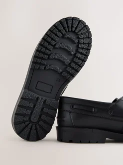 Black Slip-On Leather School Boat Shoes