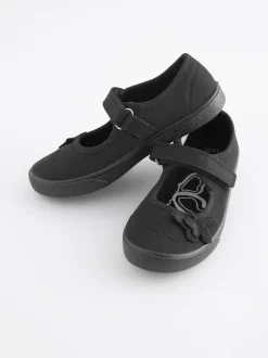 Black Standard Fit (F) Butterfly Embroidered School Plimsoll Shoes