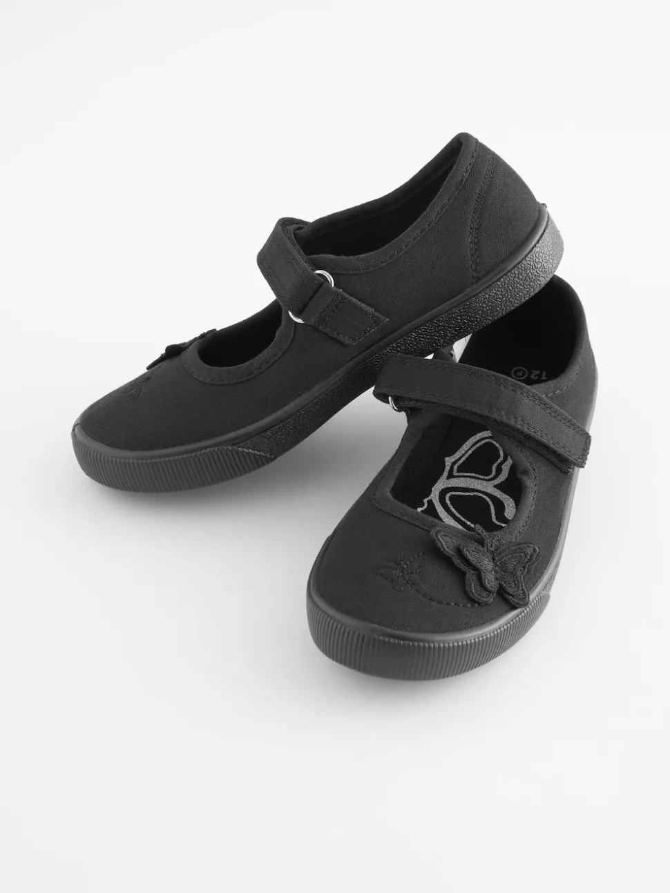 Black Standard Fit (F) Butterfly Embroidered School Plimsoll Shoes