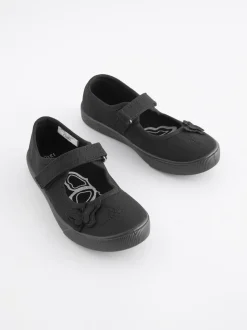 Black Standard Fit (F) Butterfly Embroidered School Plimsoll Shoes