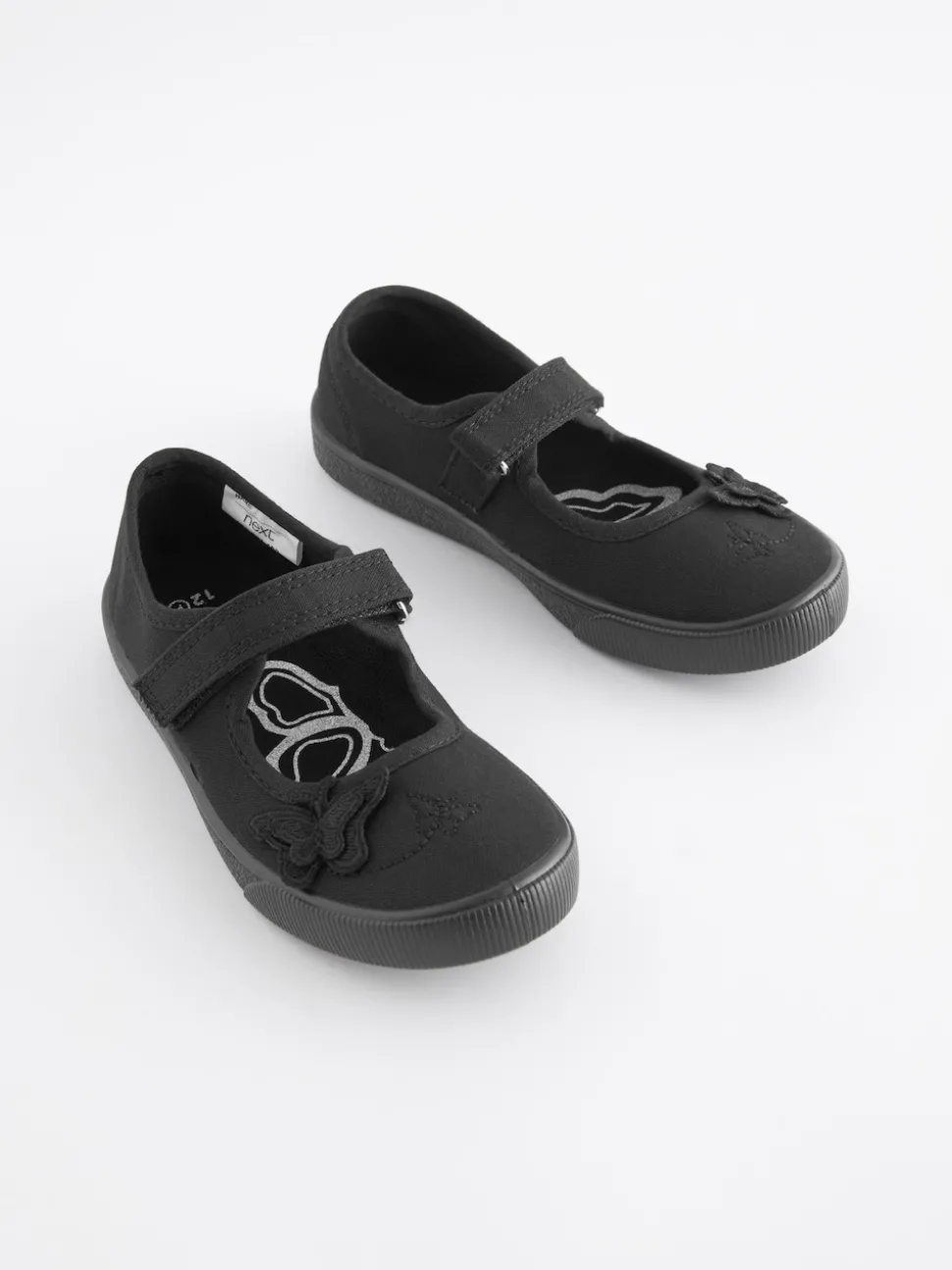Black Standard Fit (F) Butterfly Embroidered School Plimsoll Shoes