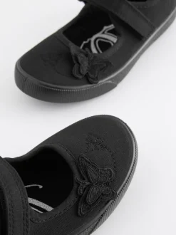 Black Standard Fit (F) Butterfly Embroidered School Plimsoll Shoes