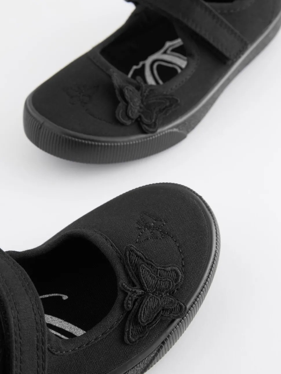 Black Standard Fit (F) Butterfly Embroidered School Plimsoll Shoes