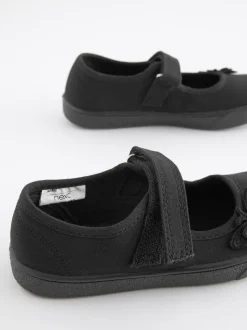 Black Standard Fit (F) Butterfly Embroidered School Plimsoll Shoes