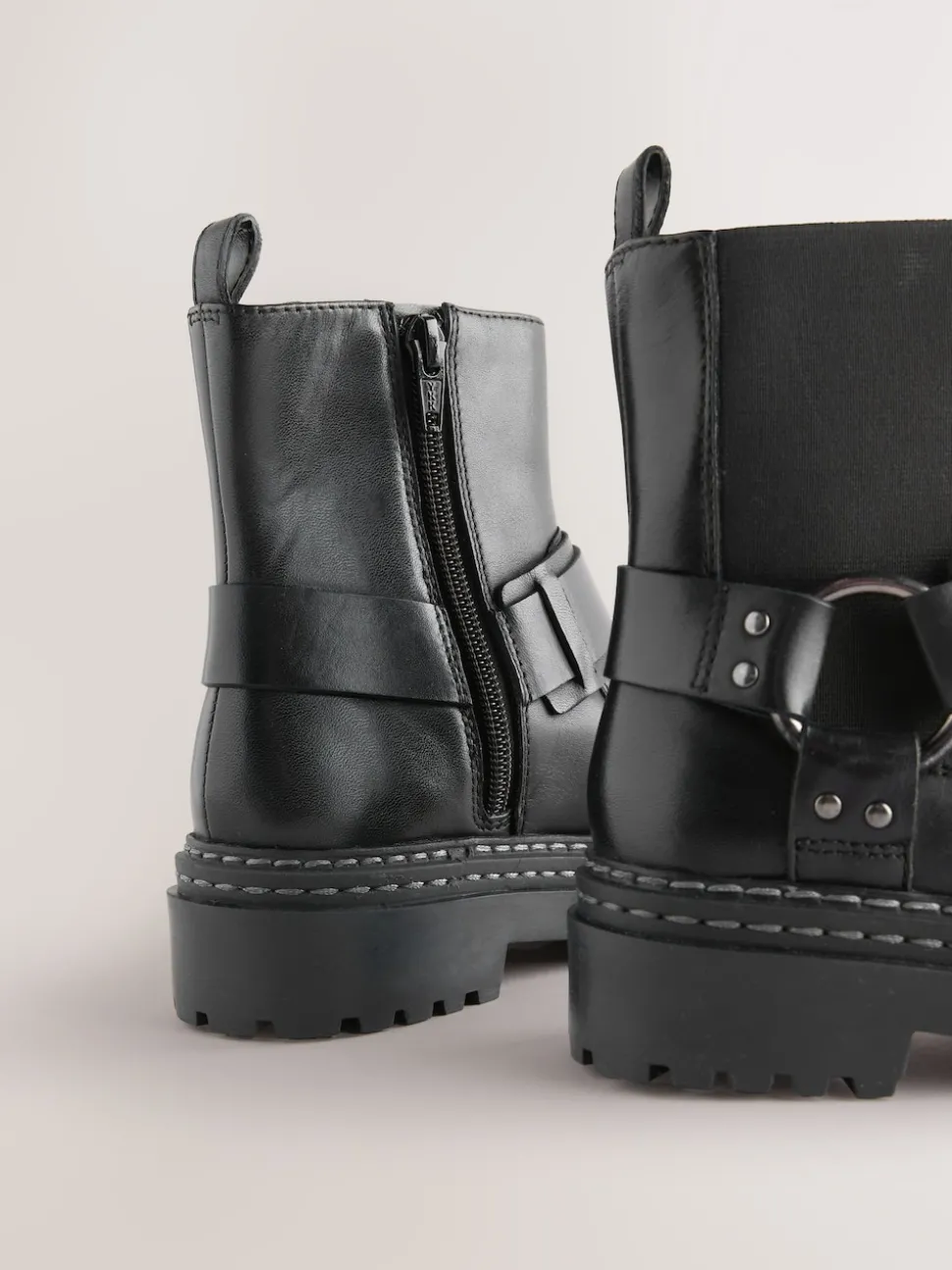 Black Standard Fit (F) Leather Chunky Harness Boots