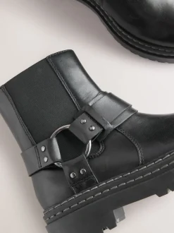 Black Standard Fit (F) Leather Chunky Harness Boots
