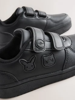 Black Standard Fit (F) Pokemon 2 Strap Touch Fastening School Shoes
