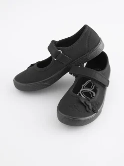 Black Wide Fit (G) Butterfly Embroidered School Plimsoll Shoes
