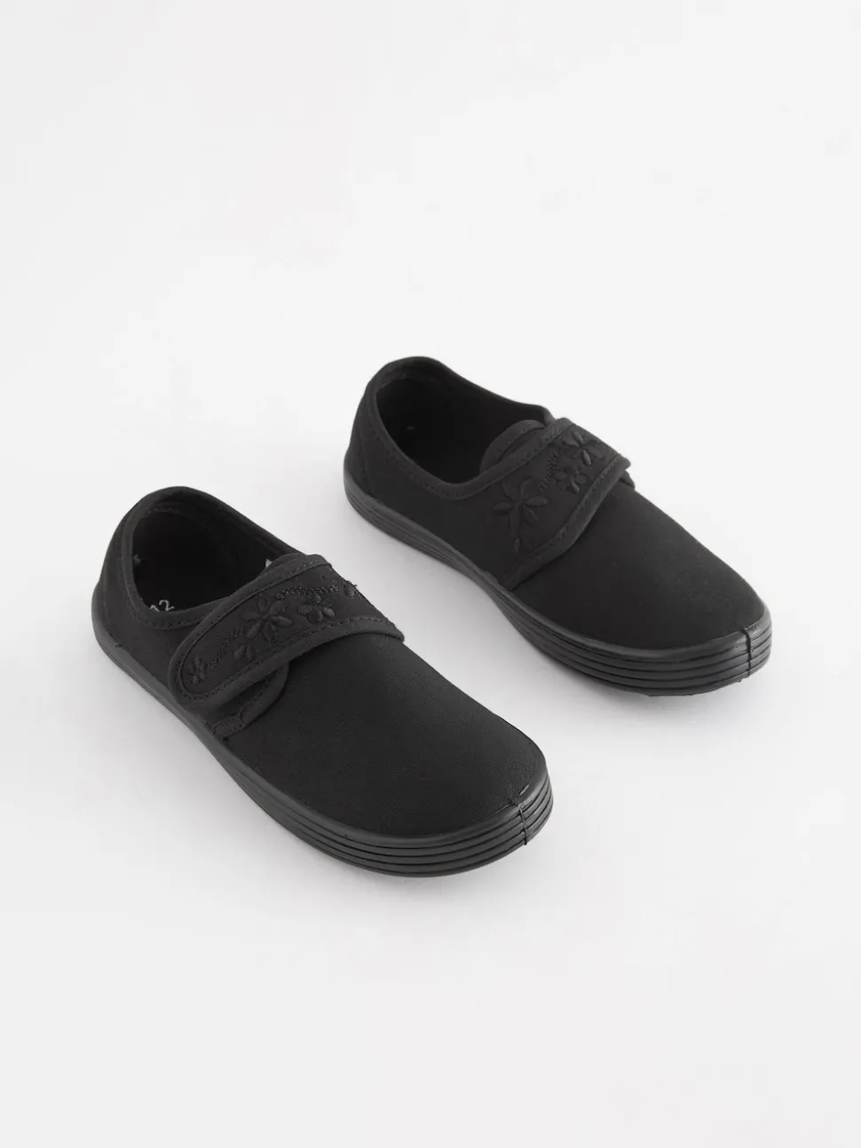 Black Wide Fit (G) Embroidered Strap School Plimsolls