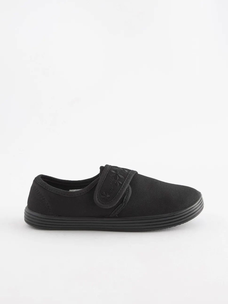 Black Wide Fit (G) Embroidered Strap School Plimsolls