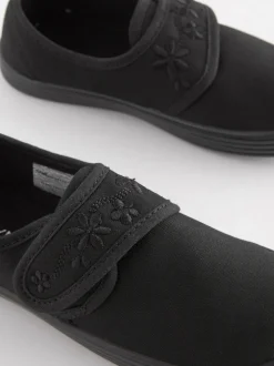 Black Wide Fit (G) Embroidered Strap School Plimsolls