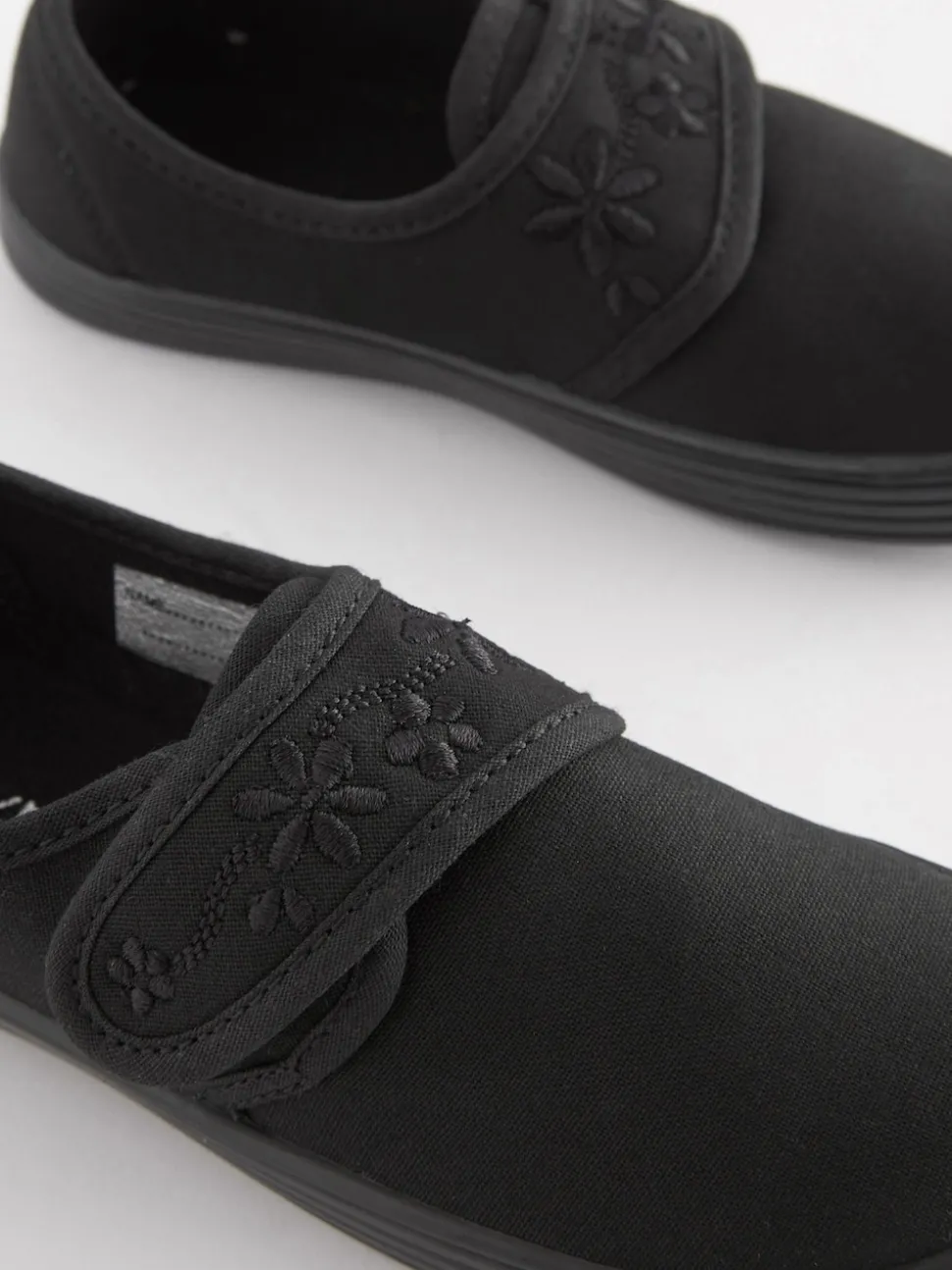 Black Wide Fit (G) Embroidered Strap School Plimsolls