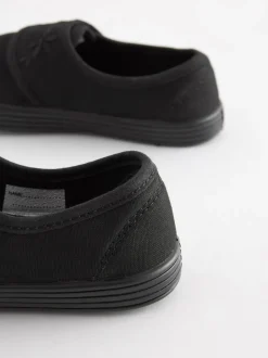 Black Wide Fit (G) Embroidered Strap School Plimsolls
