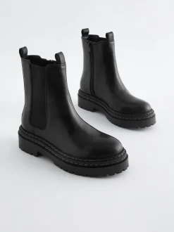 Black Wide Fit (G) Leather Chunky Chelsea Boots