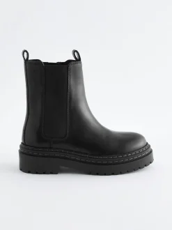 Black Wide Fit (G) Leather Chunky Chelsea Boots