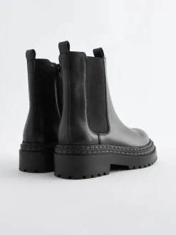 Black Wide Fit (G) Leather Chunky Chelsea Boots
