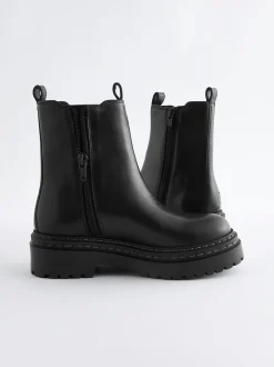 Black Wide Fit (G) Leather Chunky Chelsea Boots