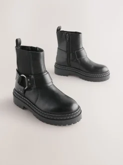 Black Wide Fit (G) Leather Chunky Harness Boots