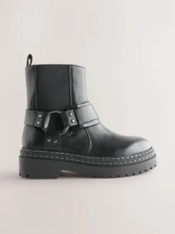 Black Wide Fit (G) Leather Chunky Harness Boots