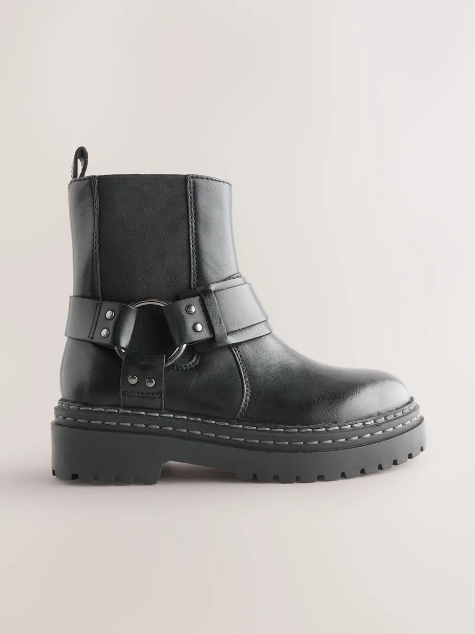 Black Wide Fit (G) Leather Chunky Harness Boots