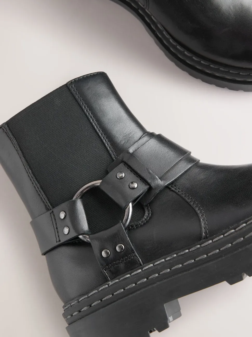 Black Wide Fit (G) Leather Chunky Harness Boots