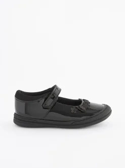Black Butterfly Detail Standard Fit (F) Junior Leather School Mary Jane Shoes